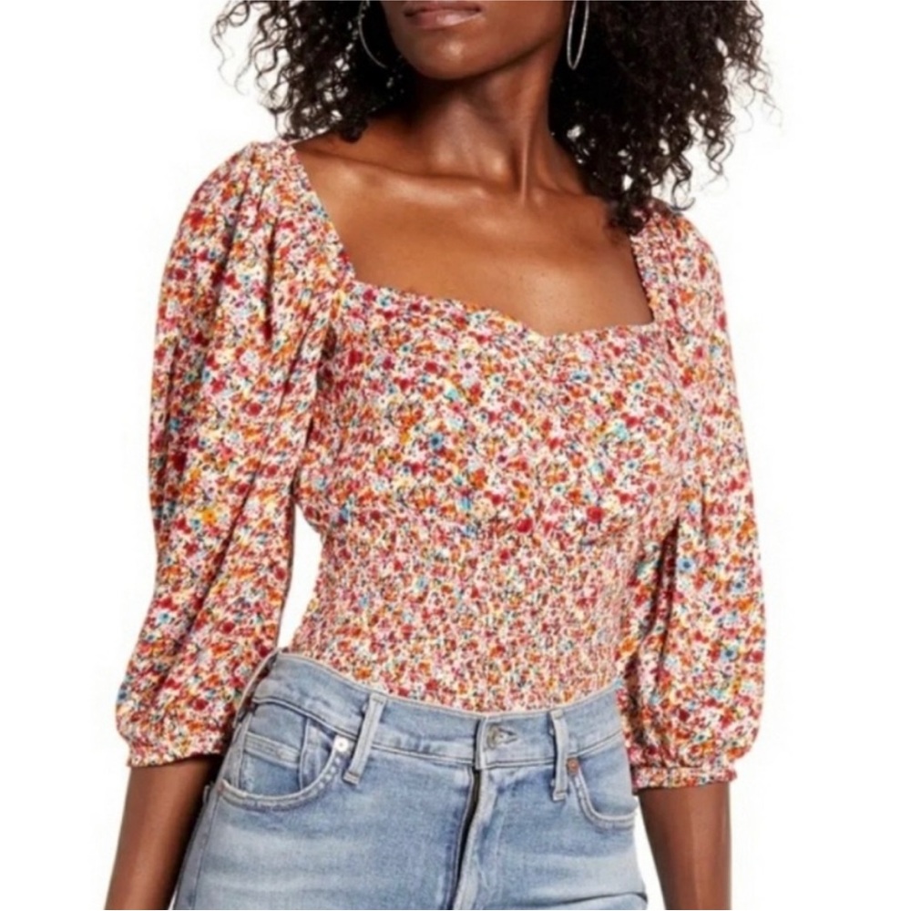 AFRM Floral Smocked Red Crop stop